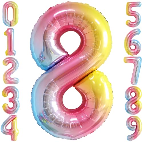 Image of Rainbow Gradient Number 8 Balloon 40 Inch Big Large Balloons 0-9 | 8th Helium Foil Mylar Number Balloons for Birthday Anniversary Party Decorations