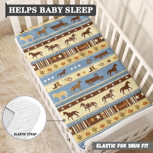 Image of Western Cowboy Horse Baby Crib Sheets Neutral Breathable Bedding Sets for Cribs Fitted Removable Southwestern Mattress Cover for Girls Safe and Breathable Nursery Decor Home Accessories