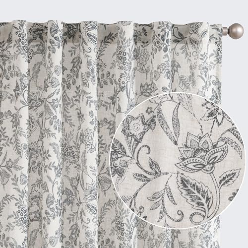 Lazzzy Linen Farmhouse Black Floral Print Curtains 96 Inches Long Back Tab Drapes for Living Room Bedroom Semi Sheer Patterned Country Vintage Curtains 2 Panels Set Rod Pocket Black on Beige