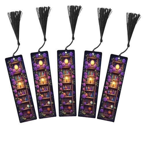 Sinbluca Mysterious Bookshelf Bookmarks Set 5 with Tassels Halloween Purple Lantern Starry Night Wooden Bookmarks for Reading Women Men Students Teachers School Supplies