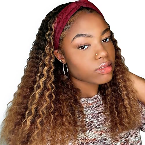 XSY Highlight Ombre Headband Wig Human Hair 18 Inch Deep Wave Human Hair Wigs for Black Women #4/27 Glueless None Lace Front Wigs Brazilian Virgin Curly Headband Wig150% Density