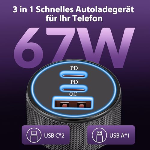 67W 3-Port Zigarettenanzünder USB C, Dual USB-C & USB-A Auto Ladegerät PD/QC kfz Schnellladegerät 12V USB Adapter für iPhone 17/Air/16/15/14/13/Pro Max/16e, Samsung Galaxy S25/S24/S23, Pixel 9/8, iPad – Bild 5