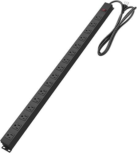 HHSOET Regleta de alimentación de pared metálica de 16 salidas, cable de alimentación 14 AWG de 15 pies, 15 A, 125 V, 1875 W, color negro
