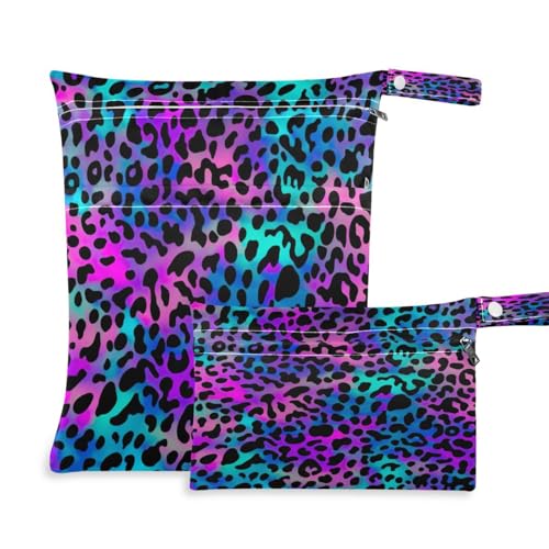BOESI 2 Piece Wet and Dry Storage Bag, Travel Wet and Dry Bag, Waterproof Reusable, For Travel, Beach, Pool, Diapers, Toiletries, Graffiti Blue and Purple Leopard Pattern