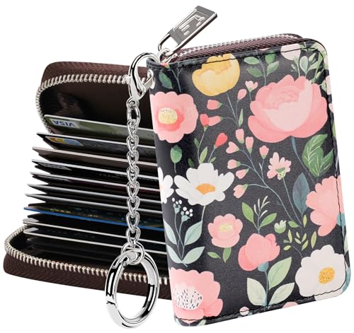 Image of FurArt Credit Card Wallet, Zipper Card Cases Holder for Men Women, RFID Blocking, Key Chain, 12 Slots, Compact Size, Artistic Flower, small, Classic