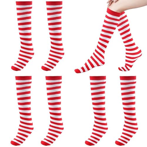 BEIMEIII - BEIMEIII 3 Stück Ringelsocken Rot Weiß Rote Ringelsocken Gestreifte Socken Plüsch Kniestrümpfe Rot Weiß Gestreift Karneval für Erwachsene