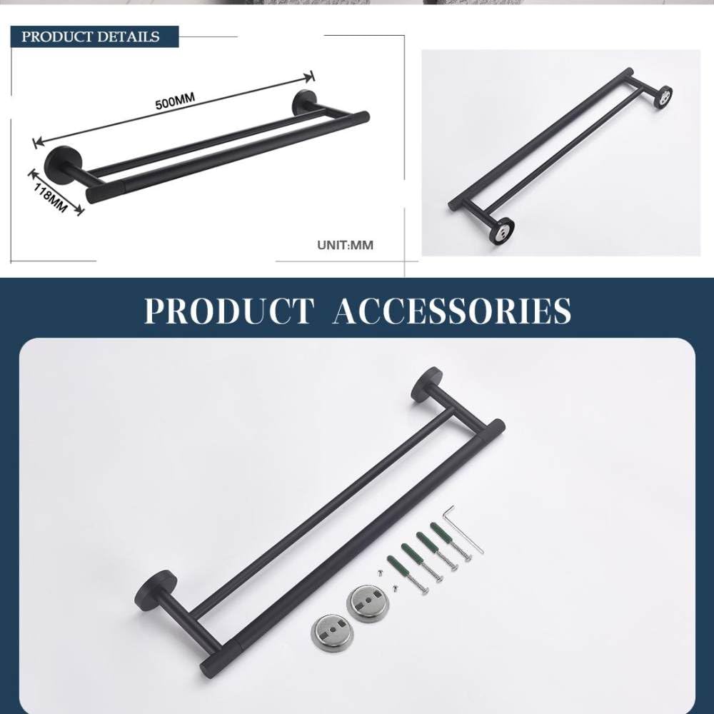 Accesorios de baño Negro Mate Kit de Hardware Montaje en Pared Toallero Estante Barra Anillo Soporte para Cepillo de Papel higiénico Gancho de Acero Inoxidable, Barra de Toalla Doble