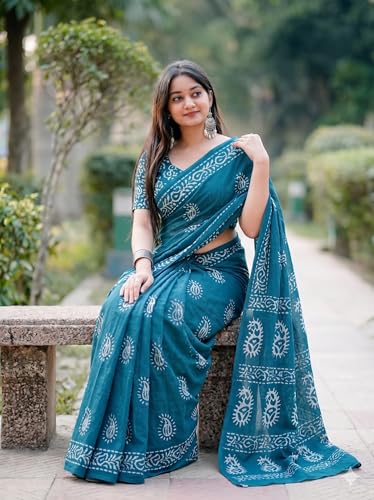 Image of Women's Pure Cotton Printed Saree with Traditional Batik Inspired Border Design, Soft Lightweight Daily Wear Saree with Unstitched Blouse Piece for Festive, Casual and Office Wear