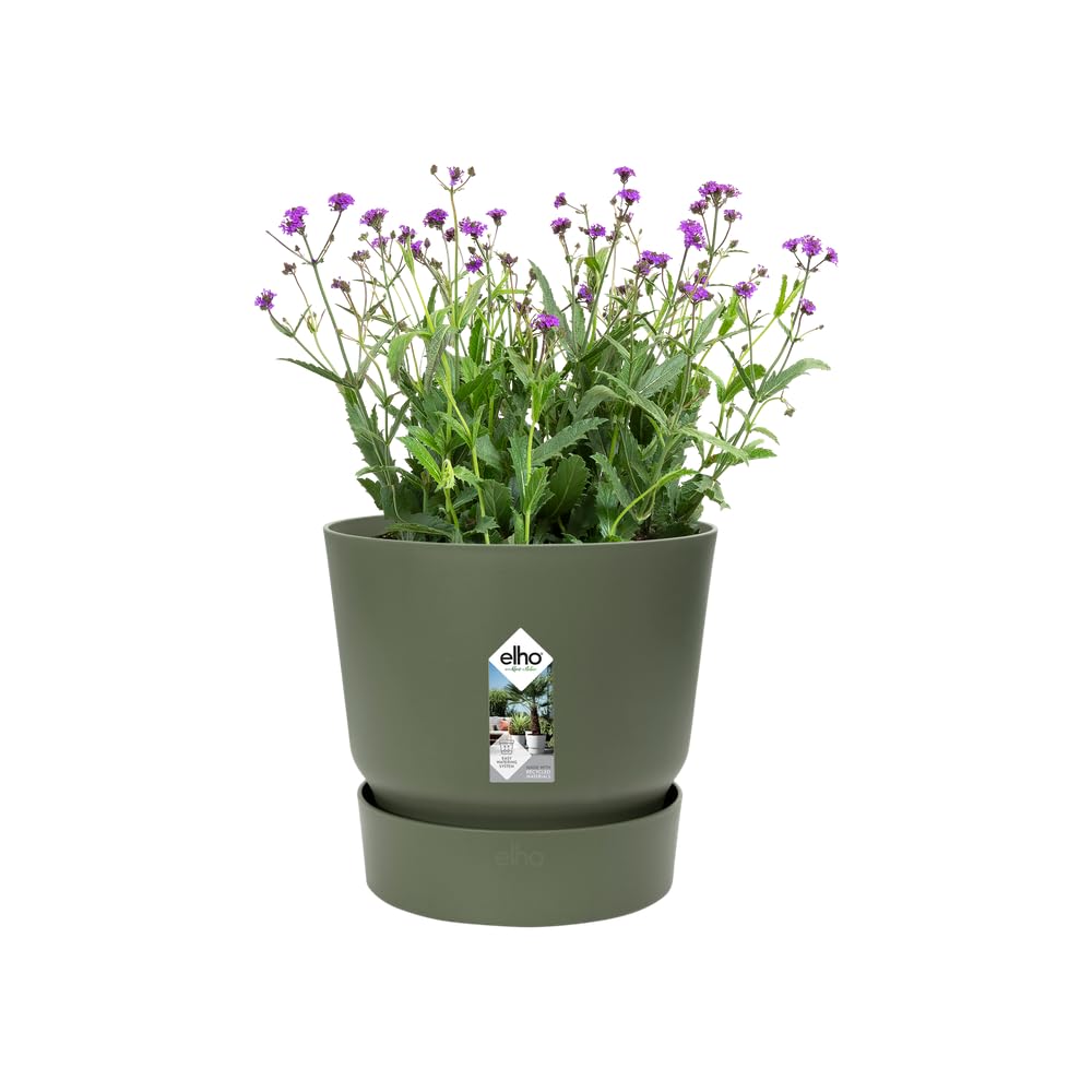 Elho Greenville Rond 25 - Pot De Fleurs pour Extérieur - Plastique 100% recyclé - Ø 24.5 x H 23.3 cm - Vert/Leaf Green - 4
