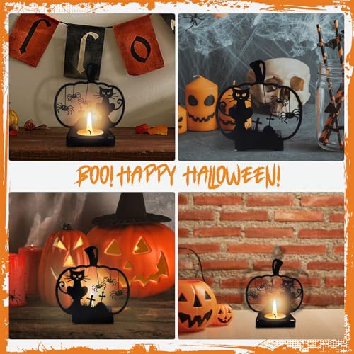 Halloween Shadow Candle Holders Pumpkin Cat Candle Shadow Spooky Metal Candlestick Holders Decorations Vintage Tealight Candle Holders with Shadow for Halloween Party Supplies