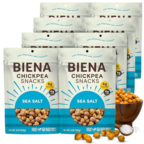 BIENA Chickpea Snacks - Crunchy Roasted Chickpeas - High Fiber Vegan Protein Snacks for Adults and Kids - 8-Pack, 5 Ounce Bags - Sea Salt - image 1