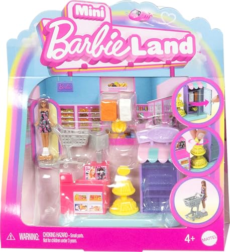 Barbie Mini BarbieLand Collectible Supermarket Playset with 1.5-Inch Doll, Product Shelves, Check Stand & Shopping Cart for Storytelling Play