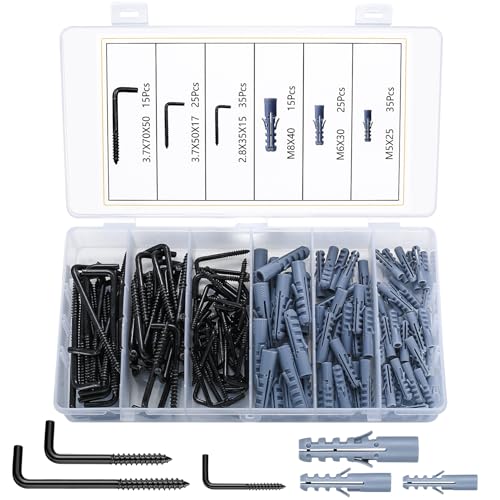 150 Pcs Alcayatas Pared en Forma de L, Ganchos de Tornillo, Alcallatas Pared Roscadas, Ganchos de Techo en Forma de L en Ángulo Recto para Plantas Tazas (75 Gancho, 75 Anclas) - Negro