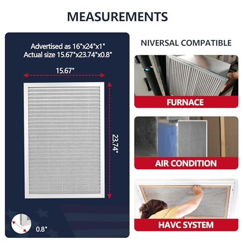 Image of 16x24x1 Lifetime Electrostatic Air Filter, MERV 8 Reusable Aluminum AC /HVAC Furnace Filter, Washable Permanent Air Filter, Easy to Clean, Healthier Home /Office (Actual Size:15.75x23.5x0.86)