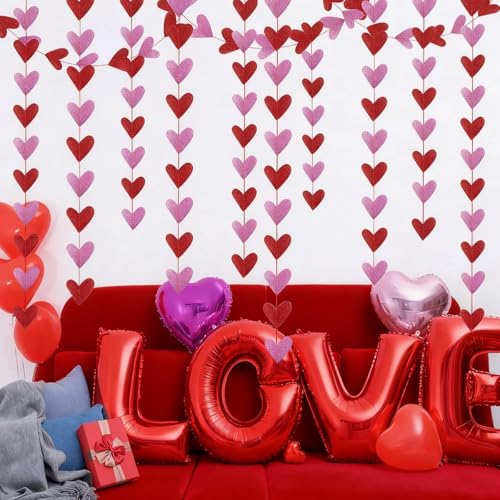 Image of Valentines Day Decorations Glitter Pink Red Heart Garland Banner, 2Pcs Heart Streamers Valentines Banner for Outdoor Indoor Home Galentines Day Anniversary Wedding Decor