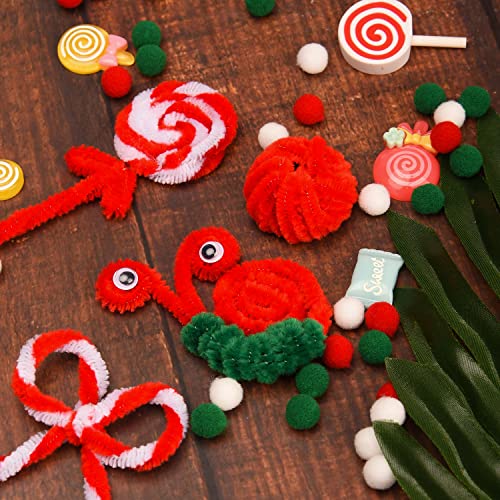 XNHIU Lot de 750 cure-pipes de Noël - 150 pièces - Rouge, vert, blanc - En chenille - 300 pièces - Yeux mobiles - 300 pompons - Pour loisirs créatifs (rouge, vert, blanc) - Image 6
