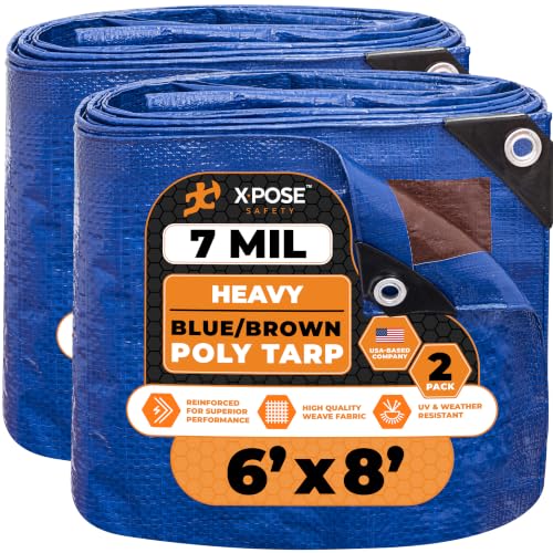 Image of Xpose Safety 6' x 8' (2-Pack) Heavy Blue /Brown Tarp - Waterproof - 7 Mil Weatherproof Camping Tarp for Tent, Rain, Wind & Sun - Plastic Tarpaulin Cover Outdoor for Roof, Trailer, RV, Car, Boat