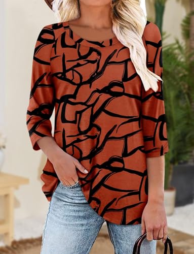 KISSMODA Tunic Tops for Women Loose Fit Dressy Round Neck Pleated 3/4 Length Sleeve Spring Tops