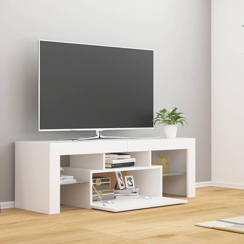 Mueble de TV de Madera con Iluminación LED RGB, Diseño Moderno y Almacenamiento Abierto, Adecuado para Salón y Dormitorio, Color Blanco, 120 x 35 x 40 cm
