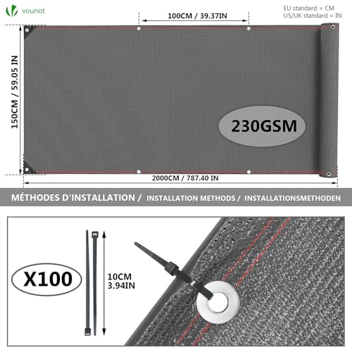 Image of VOUNOT Fence Screen 1.5 x 20 m, Privacy Fence 230 g /m HDPE Shade Net, Wind Protection, UV-Resistant, Tear-Resistant, with Holes and Cable Ties, Grey