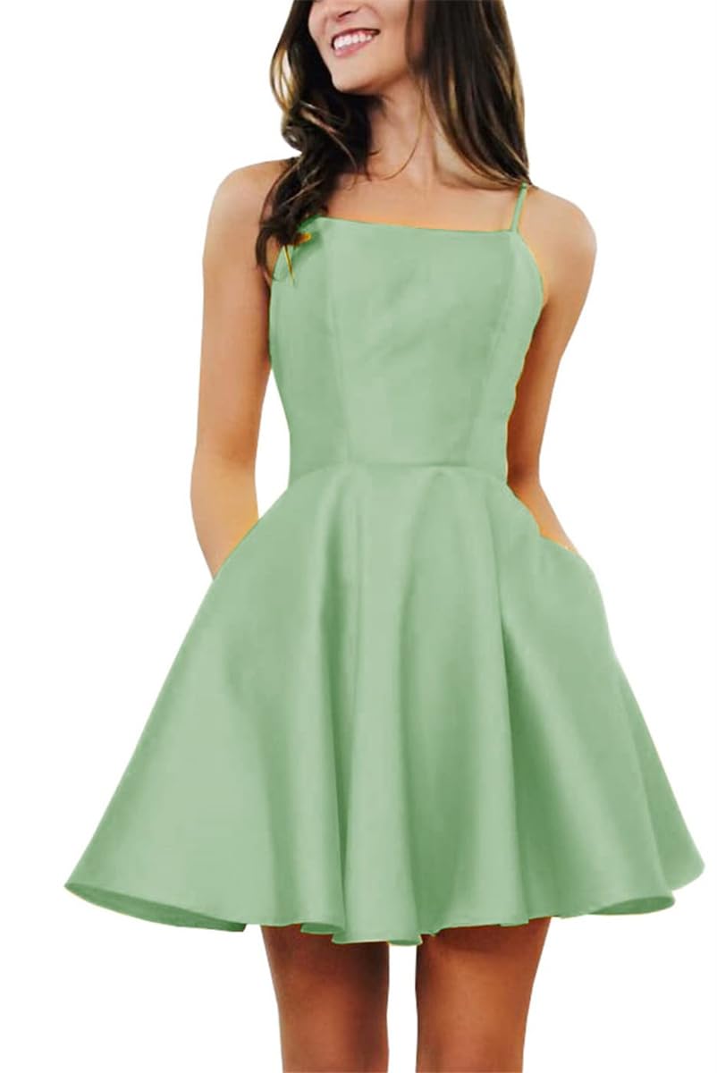 KURFACE Sage Green Homecoming Dresses for Teens Spaghetti Strap Satin Short Prom Dress Formal Cocktail Party Gown with Pockets UK6