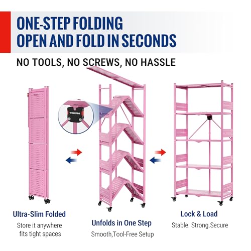 Image of WORKPRO 5-Tier Folding Shelf, No-Assembly Metal Storage Rack with Wheels, 750 lbs Capacity (with Leveling Feet), Collapsible Shelving Unit for Kitchen, Pantry, Closet & Craft Shows - Pink