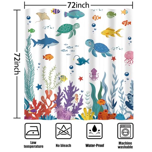 Image of iTapnoom Kids Ocean Theme Shower Curtain, Cute Sea Turtle Fish Coral Boys Girls Bathroom Curtain Decor Waterproof Fabric with 12 Hooks 72x72 Inch