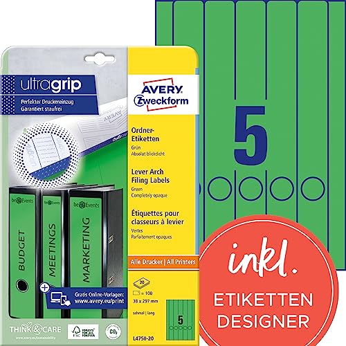 AVERY Zweckform L4750-20 Ordnerrücken Etiketten (100 Rückenschilder mit ultragrip, 38x297mm auf A4, schmal/lang, selbstklebend, absolut blickdicht, bedruckbare Ordneretiketten) 20 Blatt, grün