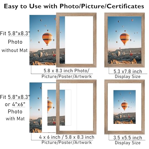 Image of JCJMY 5.8x8.3 A5 Picture Frame with 4x6 Mat for Wall Hanging or Tabletop, Display Photo 4x6 with Mat or 5.8 x 8.3 Without Mat, Wall Poster Photo Frame with Shatter Resistant Plexiglass, Rustic Brown