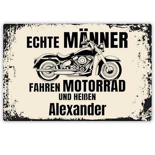 Geschenk für Biker: Alu-Schild personalisiert „Echte Männer fahren Motorrad und heißen WUNSCHNAME“ - mit Aufhängesystem ca. 20x30,5 cm - Motorradfans Dekoration (Querformat)
