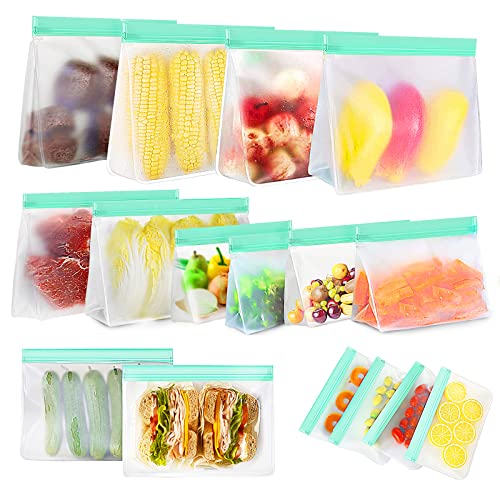 Reusable Food Storage Bags, 16 Pack BPA Free Food Grade Reusable Freezer Bags, Reusable Gallon Bags, Reusable Sandwich Bags, Silicone Food Bags Leakproof Resealable for Meat Fruit Veggies Snacks
