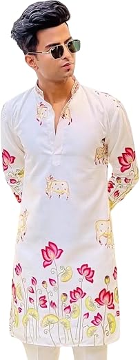 SHREE RAVI TEX Men’s Floral Printed Kurta Cotton Ethnic Wear Occasions Stylish Long Kurta with Modern Floral Design