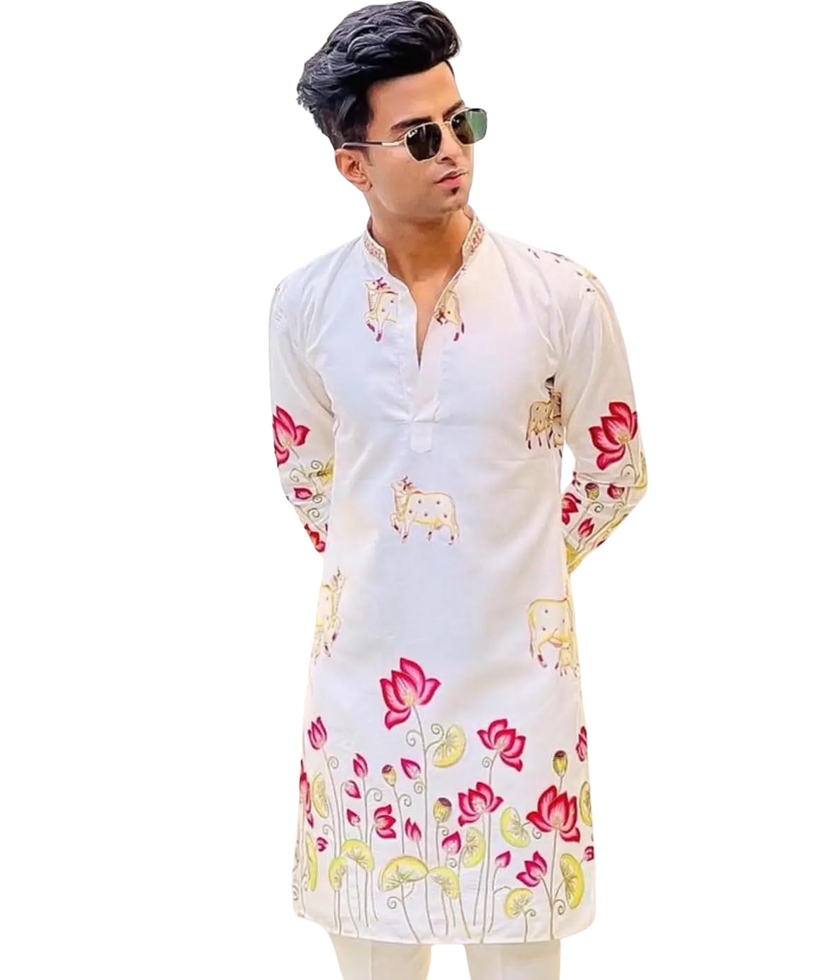 Men’s Floral Printed Kurta Cotton Ethnic Wear Occasions Stylish Long Kurta with Modern Floral Design-image-10