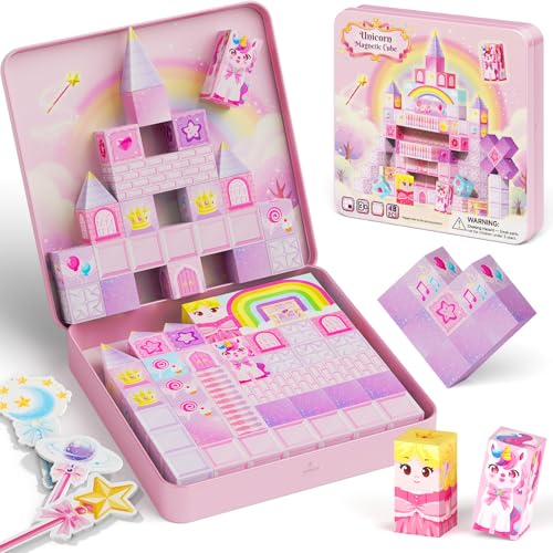 burgkidz 48-teiliges Einhorn-Magnetbausteine-Set 2 cm Magnetwürfel mit Zauberstäben & Reiseblechdose 30s Aufräumen für Zug Flugzeug & Camping Prinzessinnen-Geschenk für Mädchen ab 3 Jahren