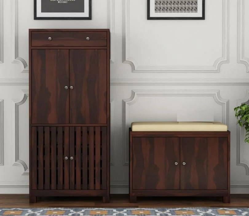Image of Sheesham Wood Shoe Cabinet with Seating | Wooden Shoe Rack for Home | Shoe Rack with Door | Storage Cabinet for Living Room | Walnut Finish | 51x14x52 Inches