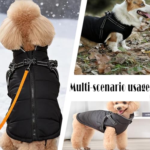Hundemantel Winter mit Geschirr Einstellbar, ZoneYan Wasserdicht & Warm Hundemantel für Kleine Hunde, Reflektierende Winterjacke, Winddicht Weste für Hund (Schwarz, XS)