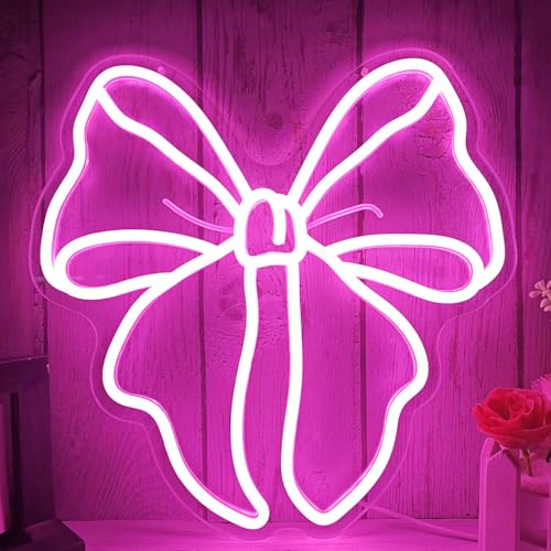 Image of Pink Bow Neon Sign Bows Neon Lights for Bedroom Dimmable Coquette Ribbon Bow Birthday Decorations Pink Wall Art Bow Wall Decor Led Sign Gifts for Girls Party
