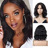 WIGNEE 100% Virgin Human Hair Natural Wave Wigs Lace Part Brazilian Human Hair Wave Wigs Middle Part Wig (natural wave lace part-1B Color)