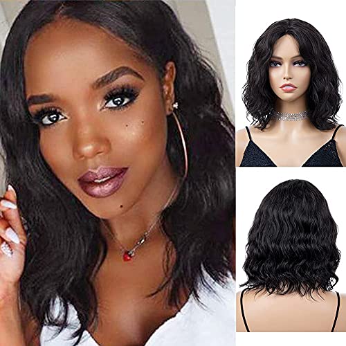 WIGNEE 100% Virgin Human Hair Natural Wave Wigs Lace Part Brazilian Human Hair Wave Wigs Middle Part Wig (natural wave lace part-1B Color)