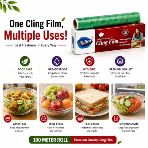 Image of Feather's Cling Film Wrap Food Biodegradable Multipurpose Food Wrapper Non-Stick Microwave Safe (Pack of 2, 100m)