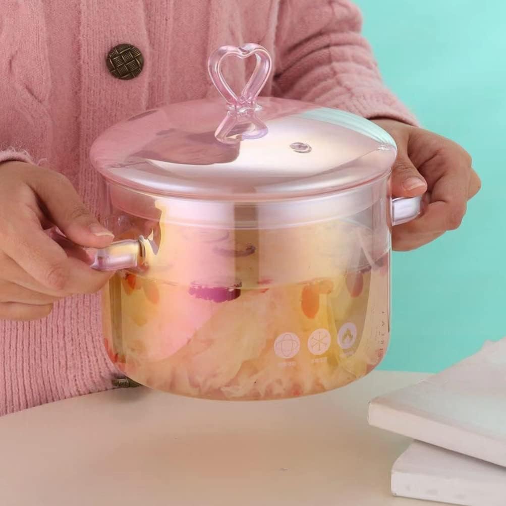 Glass Saucepan Stovetop Milk Butter Warmer Stew Simmer Pot Instant Noodle Cookware with Cover and Dual Handle for Pasta Chocolate Melting Coffee Tea Soup 300ml (Pink One Size)