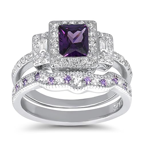 His Her Wedding Ring Set 3 Piece Trio Purple Simulatred Amethyst Bride Groom Couples Rings2