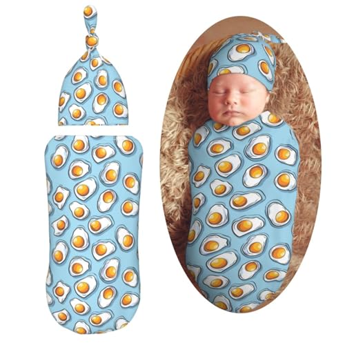 Image of Painting Fried Egg Newborn Swaddle Blankets Hat Sets Soft Baby Receiving Blanket Swaddle Sack for Baby Shower Infant Boy Girl Gift