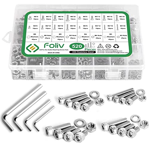 Foliv 520pcs M3 M4 M5 M6 Jeu de Vis et écrous Vis à Tête Hexagonale Boulon et écrous Acier Inoxydable 304 Vis Six Pans Creux Vis Tete Cylindrique pour Moto Auto Voitures Mécaniques Pièces de Vélo