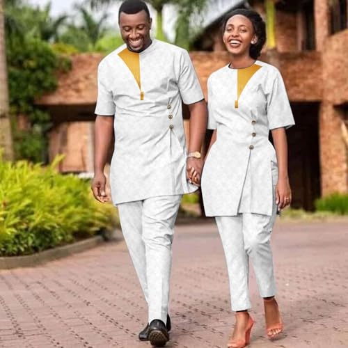 African Suits for Couple Women and Men Short Sleeve Embroidery Shirt Pants 2 Piece Set Matching Outfits2