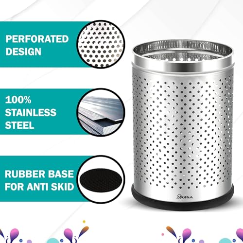 Image of mofna Stainless Steel Perforated Dustbin for Home, Trash Can with Anti-skid Base, Garbage Bin for Bathroom, Office, Bedroom, Kitchen & Toilet or Commercial Use (40 Litre)