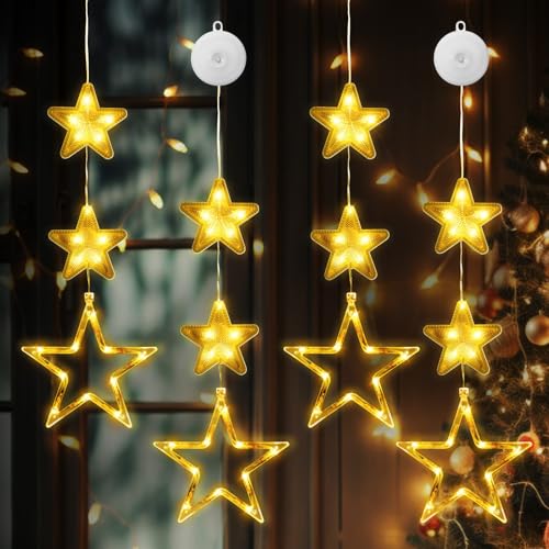 4 Piezas de Luces Navideñas en Forma de Estrella para Decoraciones Alimentadas por Pilas para Interiores con Ventosas, Luces de Hilo para Exteriores para Decoraciones Navideñas en Cristales y Paredes