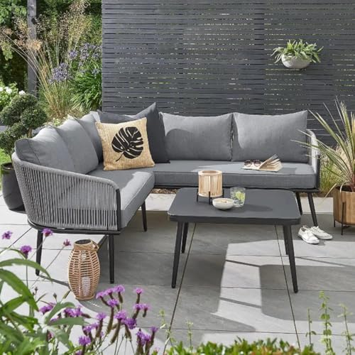 Image of DEVOKO Outdoor L-Shaped Conversation Sofa Set Rope Woven Design Patio Furniture Set Includes Cushions and Center Table (Grey)