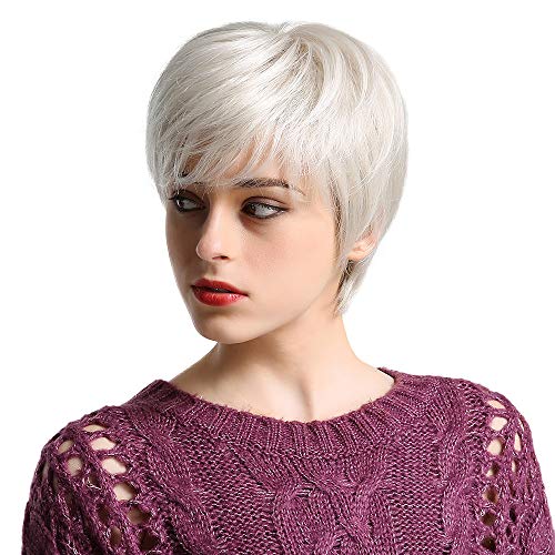 Emmor Short Silver Grey Human Hair Wigs for Women Blend Pixie Cut Wig With Bang Light Weight,Natural Daily Use Hair