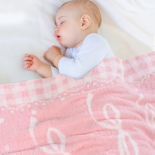 Image of Pink Bow Baby Blanket - Soft Knitted Throw with Adorable Bow Detail for Baby Girls, Nursery Bedding & Shower Gifts - Warm & Gentle, 30x40 Inch
